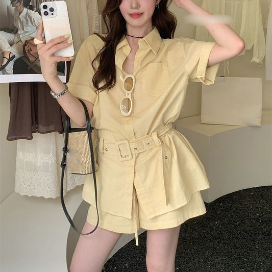 Collared Short-Sleeve Shirt And High-Waisted Shorts Set