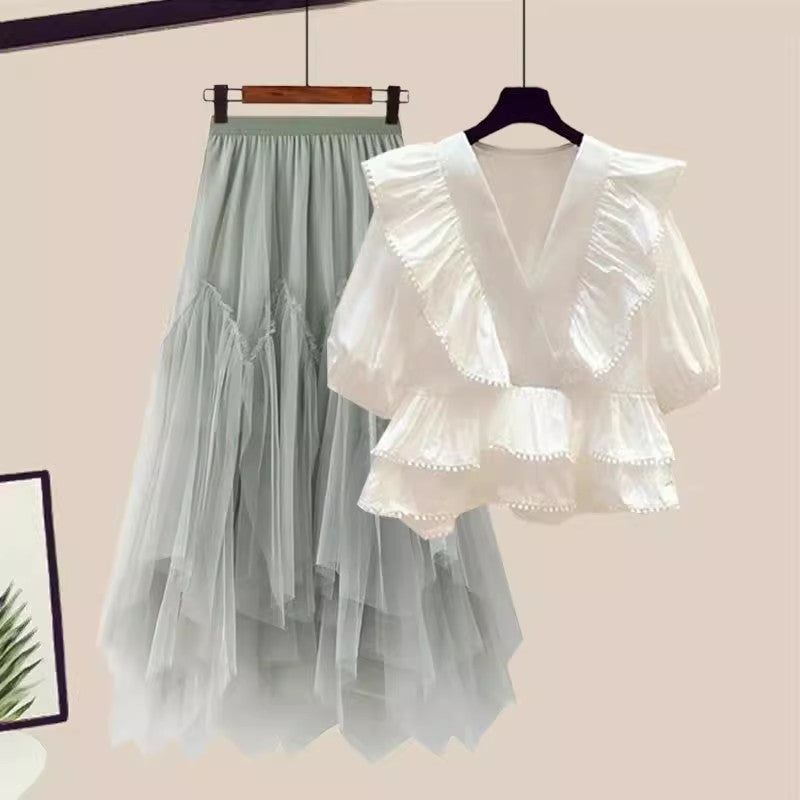 Ruffled V-Neck Short-Sleeved Mesh Skirt Two-Piece Set