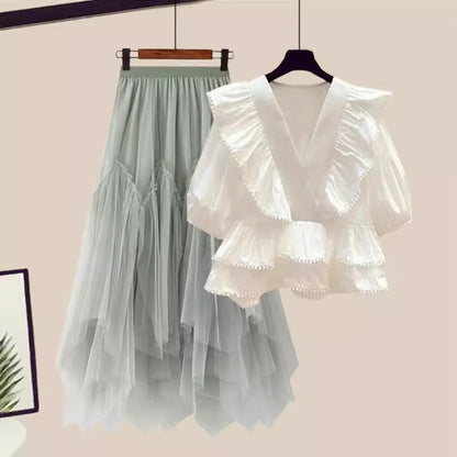 Ruffled V-Neck Short-Sleeved Mesh Skirt Two-Piece Set