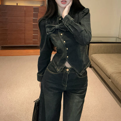 French-Style Sexy Bow-Knot Irregular Denim Top And High-Waisted Pants Set