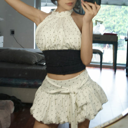 French-Style Polka-Dot Halter-Neck Tie-Front Top And Skirt Set