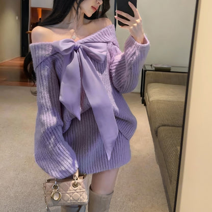 Off-Shoulder Loose Bow Tie Knit Sweater And Skirt Two-Piece Set