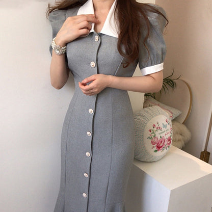 Elegant Collared Waist-Cinching Puff Sleeve Dress