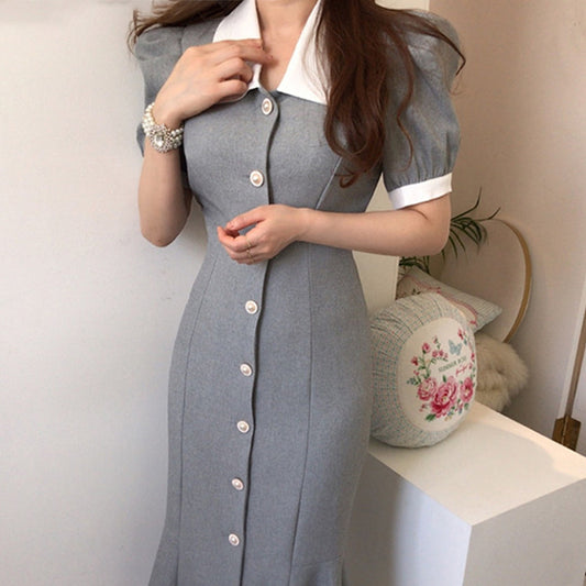 Elegant Collared Waist-Cinching Puff Sleeve Dress