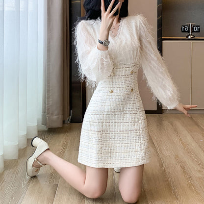 French Tweed Fringed V-Neck Dress