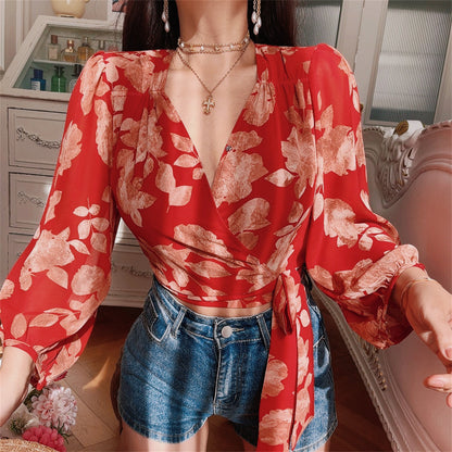 Retro V-Neck Lantern Sleeve Tie-Up Floral Shirt