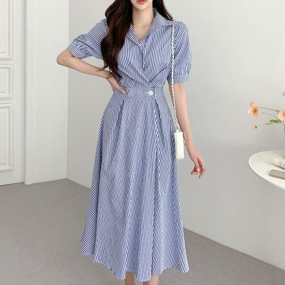 Elegant Collared Waist-Cinching Puff Sleeve Dress