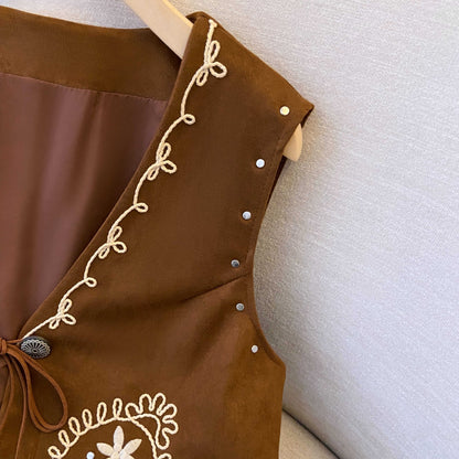 Heavy-Duty Embroidered Studded Cardigan Vest