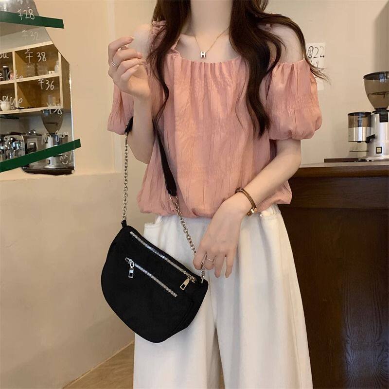 Chic Pink Off-the-Shoulder Puff-Sleeve Blouse
