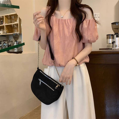 Chic Pink Off-the-Shoulder Puff-Sleeve Blouse