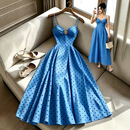 Hepburn-Style Sleeveless Polka-Dot Print Camisole Dress