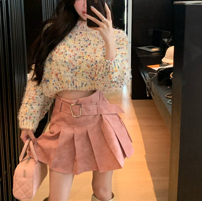 Sexy Colorful Crochet Knit Sweater And Pleated Skirt Set