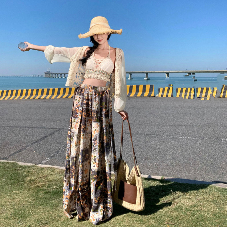 Ethnic-Style Printed Wide-Leg Pants Skirt Vest Set