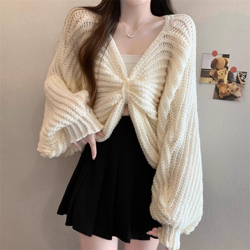 V-Neck Bow-Tie Knit Long-Sleeved Top