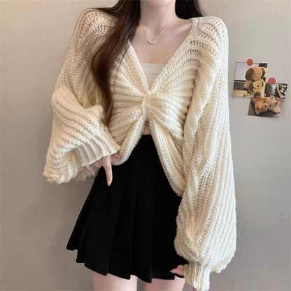V-Neck Bow-Tie Knit Long-Sleeved Top