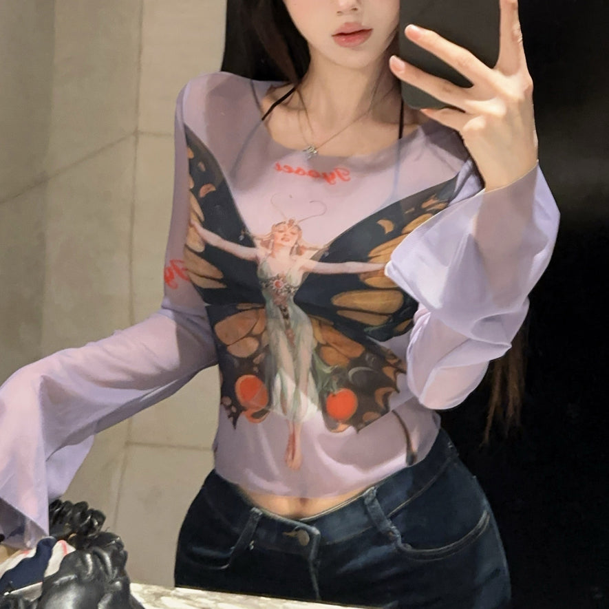 Sexy Sunscreen Butterfly Print Cover-Up T-Shirt