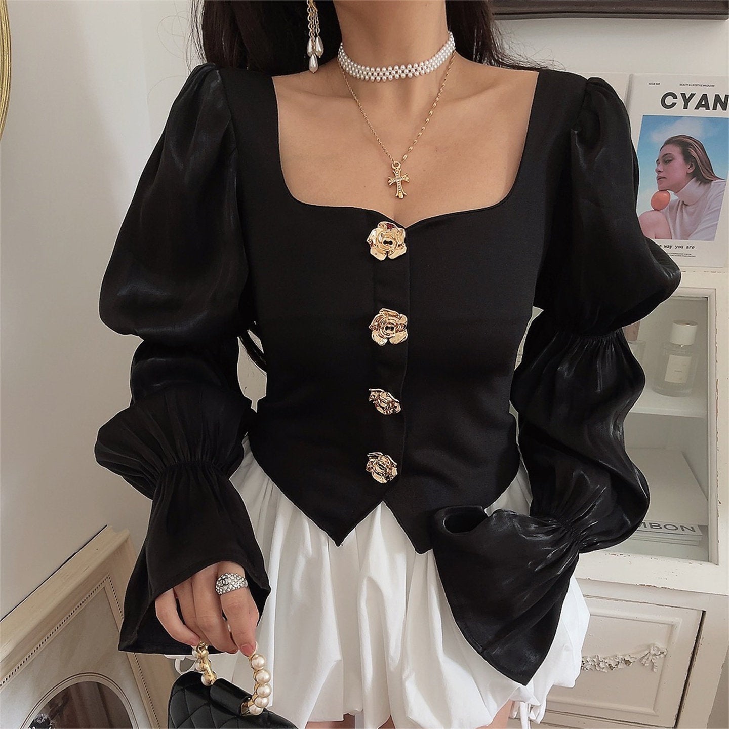 French Retro Lantern Sleeve Black Shirt