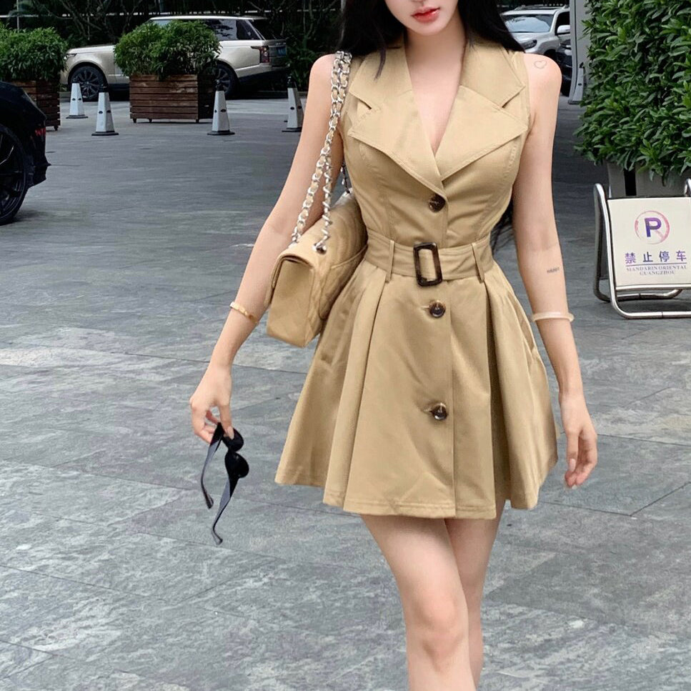 Retro Suit Collar High-Waisted Dress