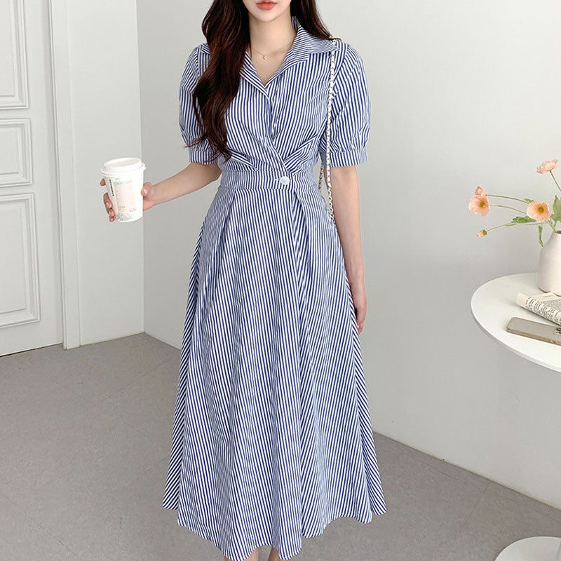 Elegant Collared Waist-Cinching Puff Sleeve Dress