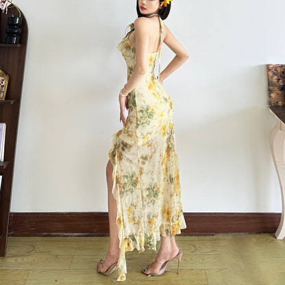 Fashion Irregular Slit Halter Neck Tie Sleeveless Floral Dress