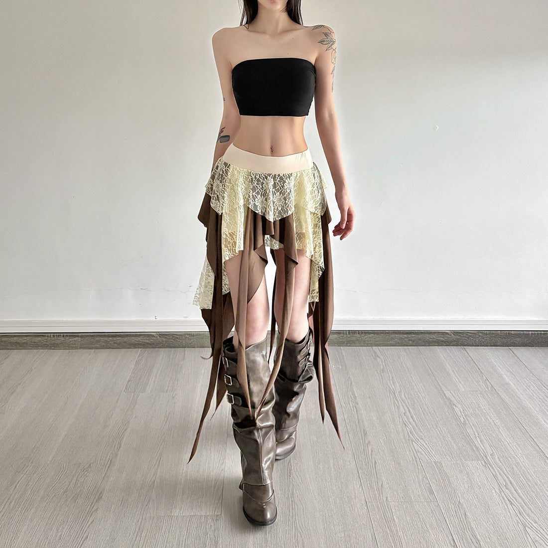 Multi-Layer Lace Patchwork Irregular Tassel Contrasting Color Skirt