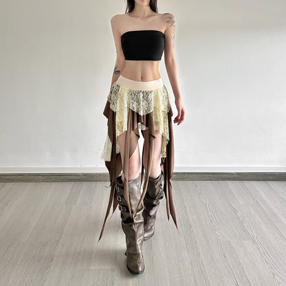 Multi-Layer Lace Patchwork Irregular Tassel Contrasting Color Skirt