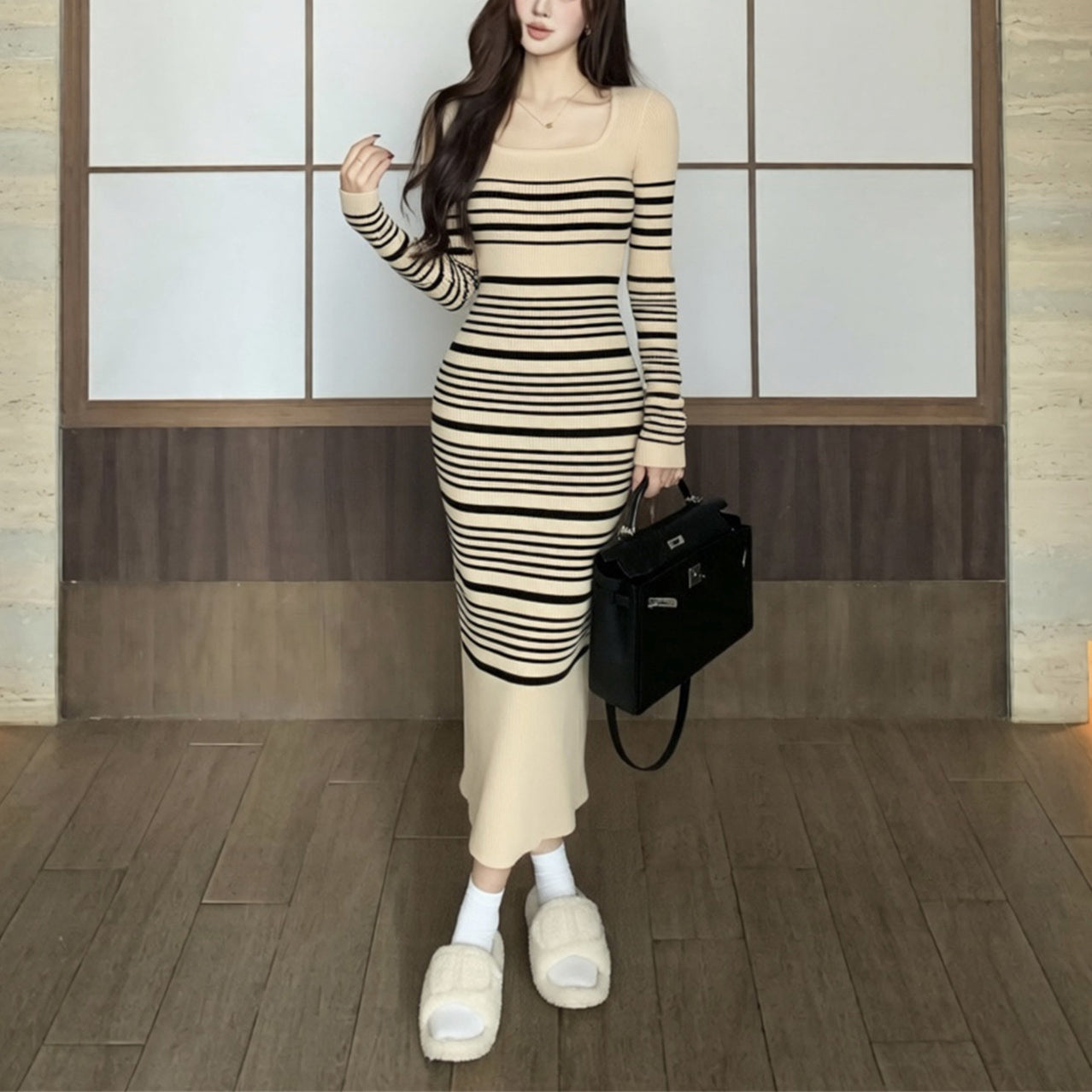 Sexy Square-Neck Striped Knit Dress