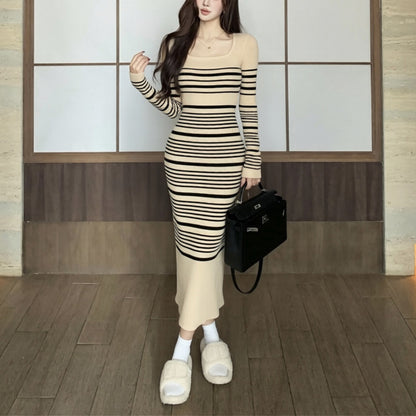 Sexy Square-Neck Striped Knit Dress