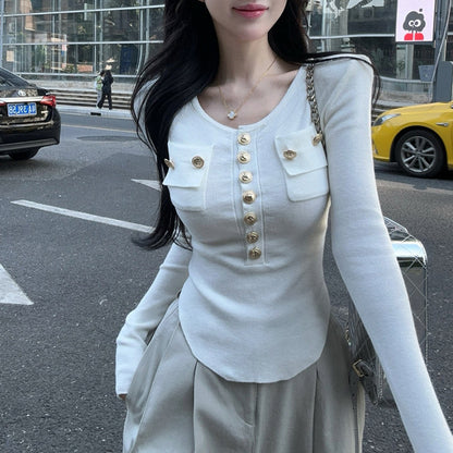 Metallic Single-Breasted Crew-Neck Knit T-Shirt