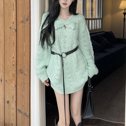 Lazy Style Sweet And Sexy Bow Knitted Sweater Dress