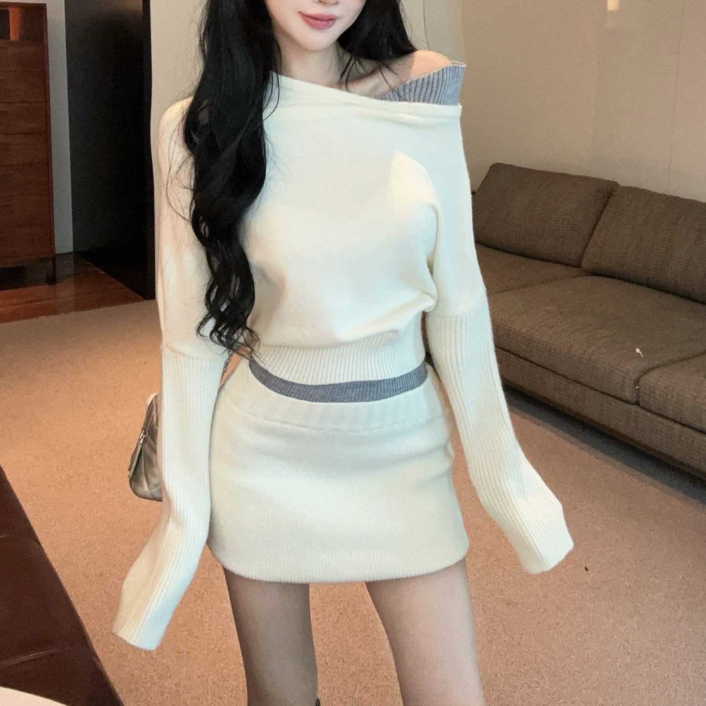 Fake Two-Piece Sexy Contrast Color Off-Shoulder Knitted Sweater Skirt Set