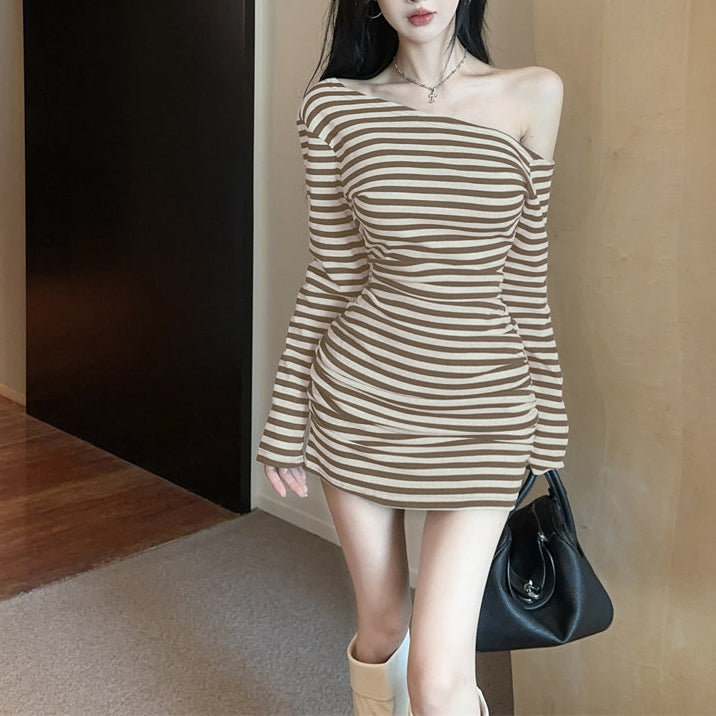 Sexy Color-Block Striped One-Shoulder Dress