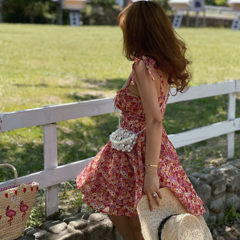 Retro Square Neckline Fitted Waist Floral Vacation Dress