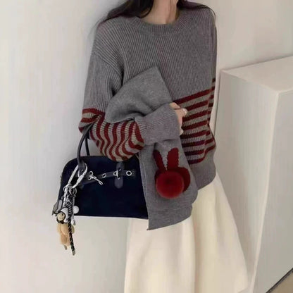 Retro Striped Fashion Crew Neck Sweater With Scarf