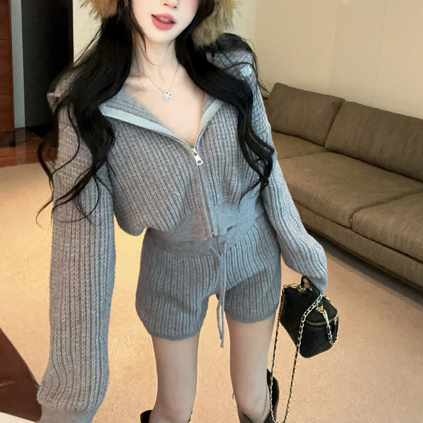 Casual Fashion Hooded Loose Long Sleeve Knitted Cardigan Sweater Drawstring Shorts Two-Piece Set