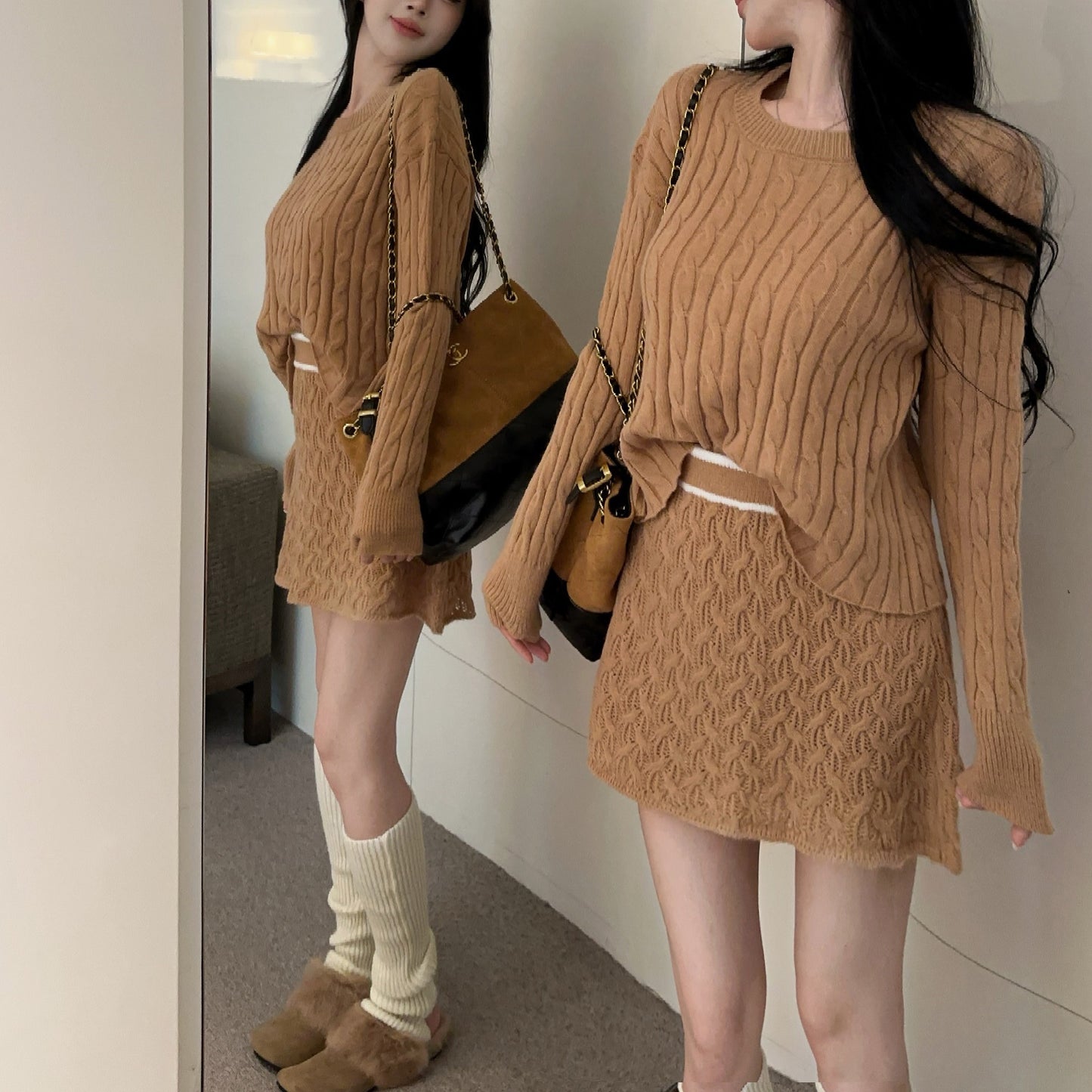 Retro Sexy Round Neck Cable Knit Top High Waist Miniskirt Set