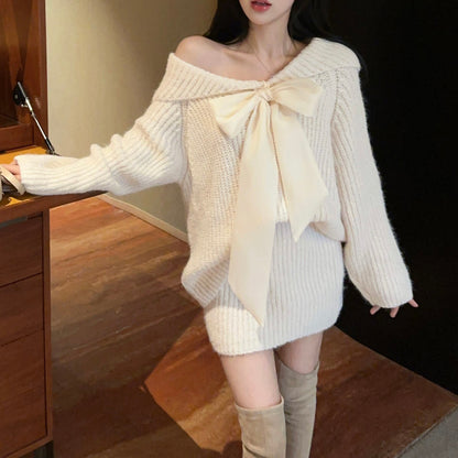 Off-Shoulder Loose Bow Tie Knit Sweater And Skirt Two-Piece Set