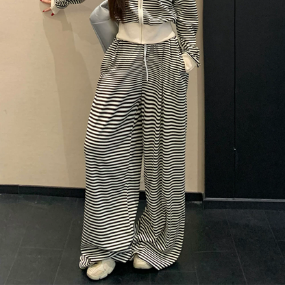Casual-Chic Two-Piece Set Featuring A Hooded Zip-Up Cardigan And Wide-Leg Trousers