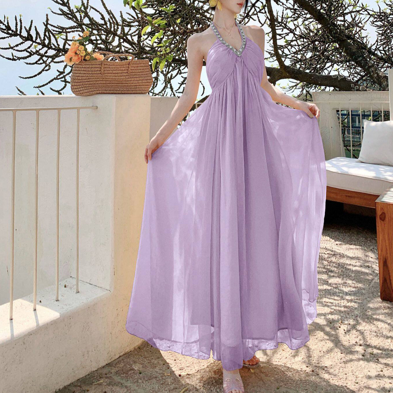 Yellow V-Neck Chiffon Vacation Dress