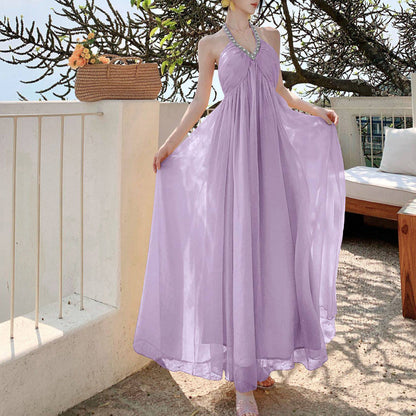 Yellow V-Neck Chiffon Vacation Dress