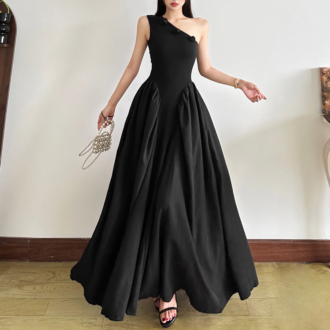 Floral One-Shoulder Slim High Waist Dress