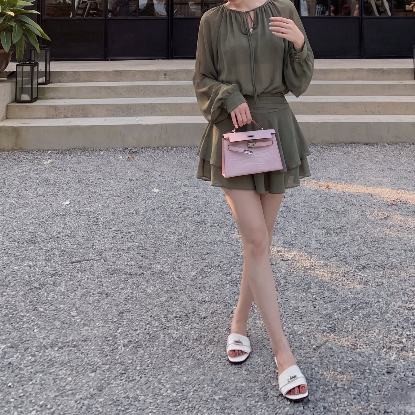 French-Style Lantern-Sleeve Tie-Waist Dress