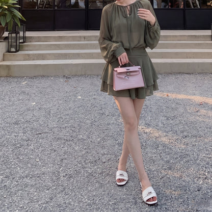 French-Style Lantern-Sleeve Tie-Waist Dress