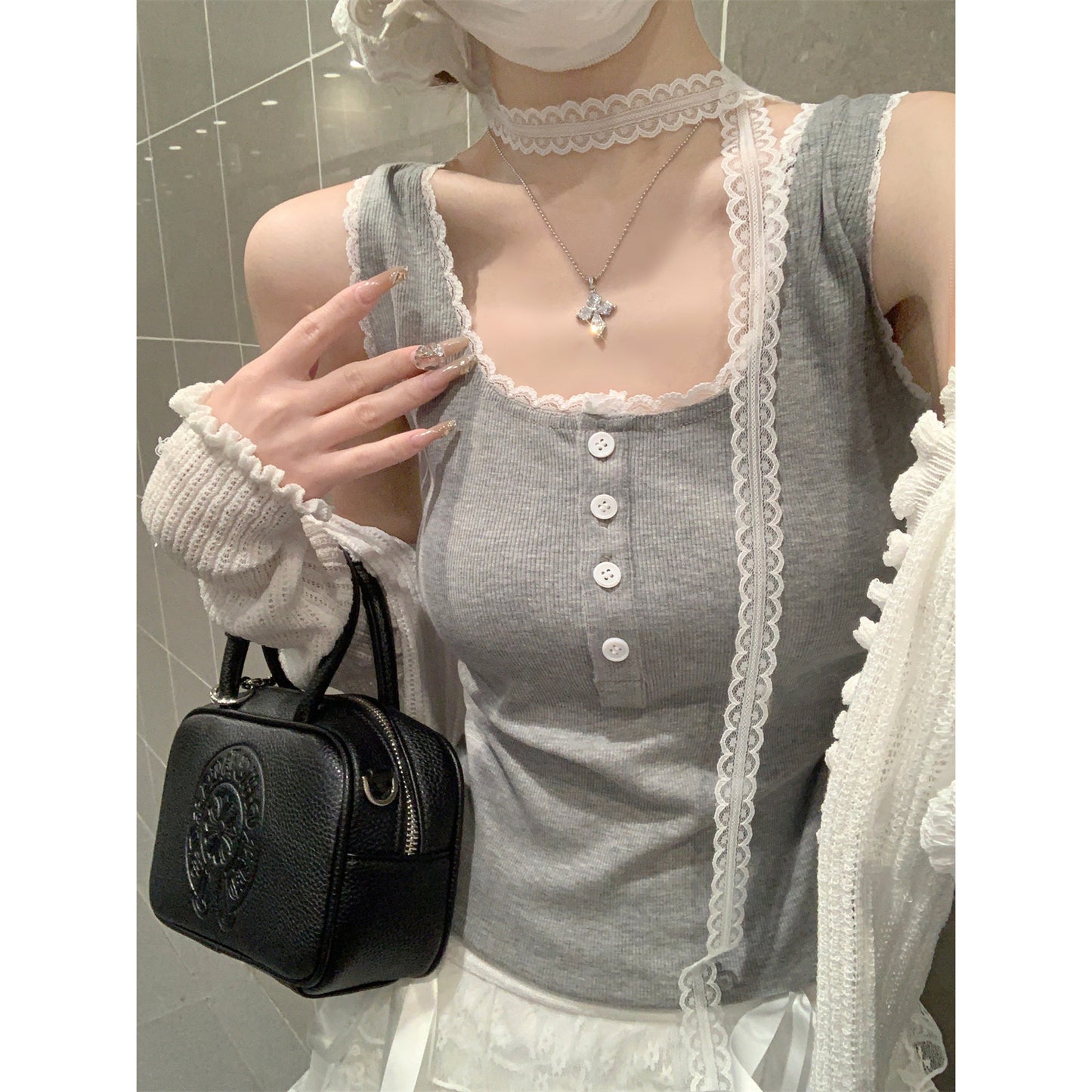 Lace-Paneled Square-Neck Sleeveless Camisole Top