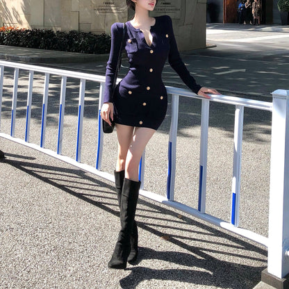 Sexy Metal-Buckle Knit Dress