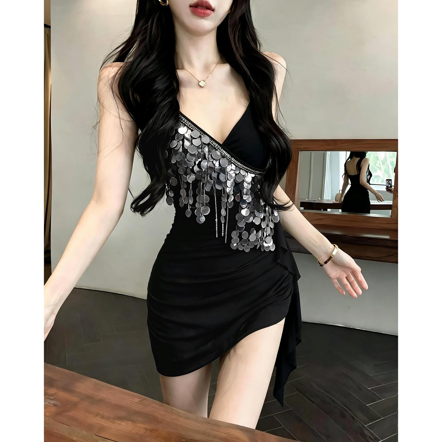 Mesh Tassel Sequined Slip Dress