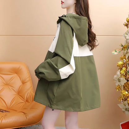Stylish Color-Blocked Hooded Trench Coat