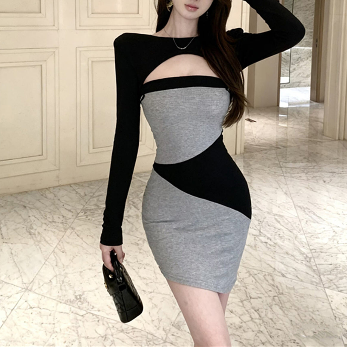 Round Neck Color-Blocked Long-Sleeved Cover-Up Dress