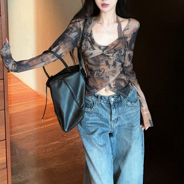 Halter Neck Irregular Fashion Sexy Print Long-Sleeved T-Shirt