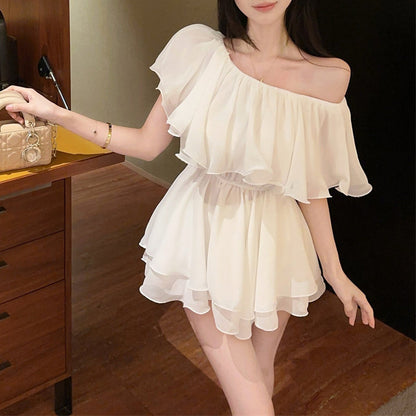 Ruffled Chiffon Off-The-Shoulder Blouse